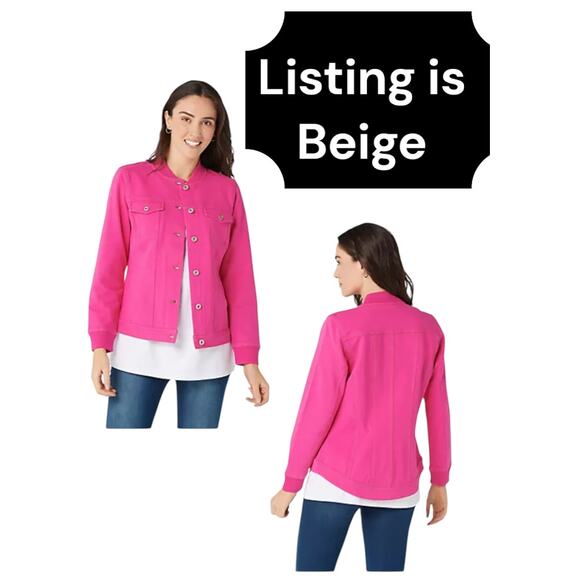 Denim & Company QVC Women XL Beige Knit Stretch Collar-less Button Front Jacket - Picture 1 of 6